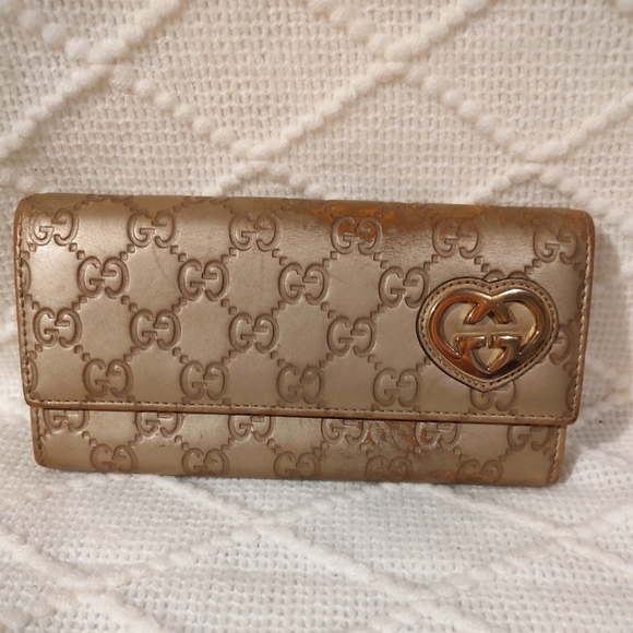 Gucci GUC Gold Brown Biege Leather Lovely Heart GG Pattern Long Wallet (W90) - Picture 3 of 15